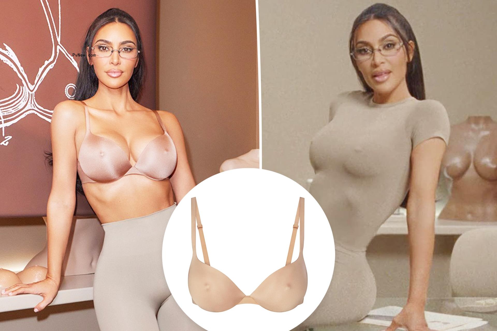 Kim Kardashian with an inset of the Skims Ultimate Nipple Bra