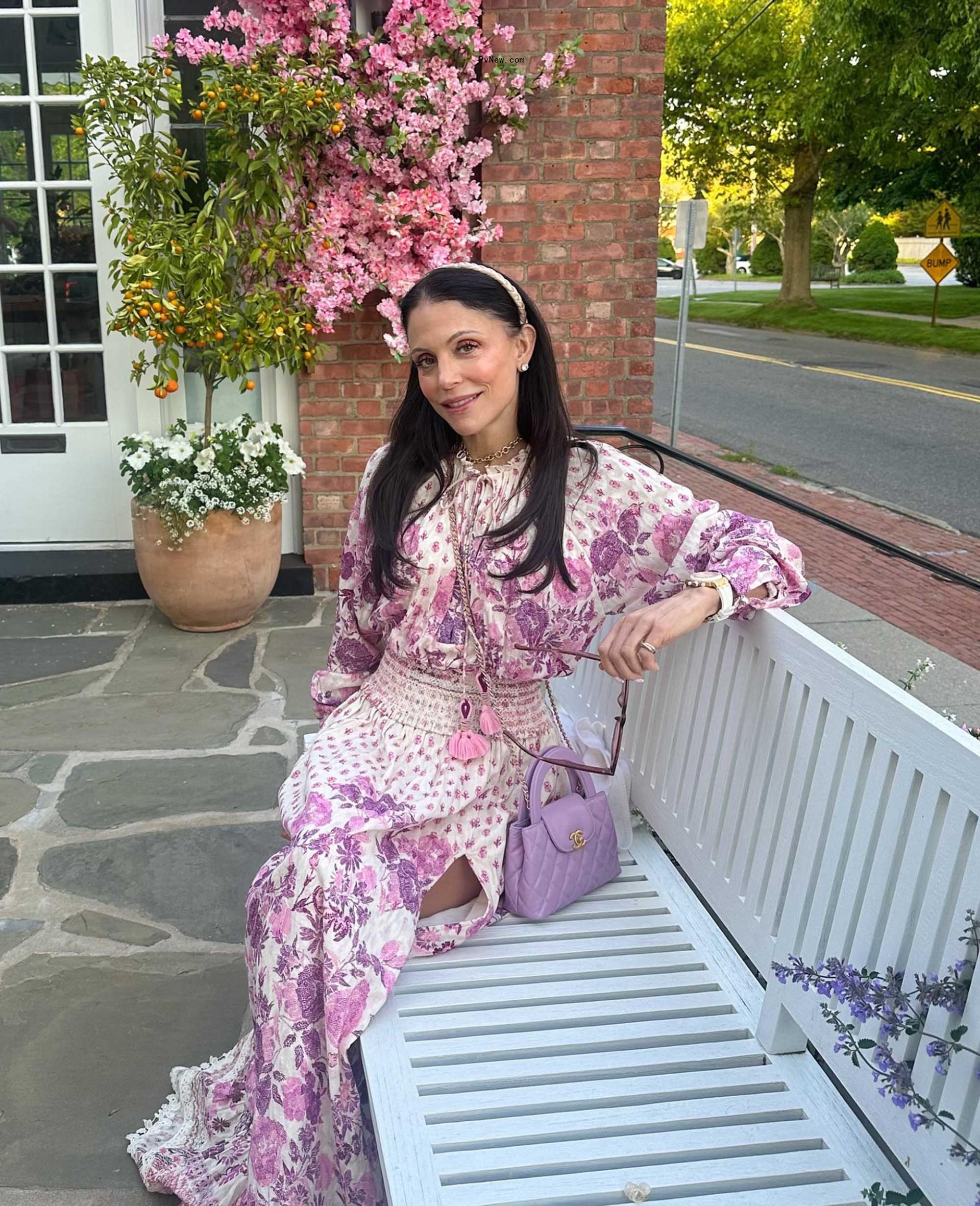 Bethenny Frankel on a bench in the Hamptons