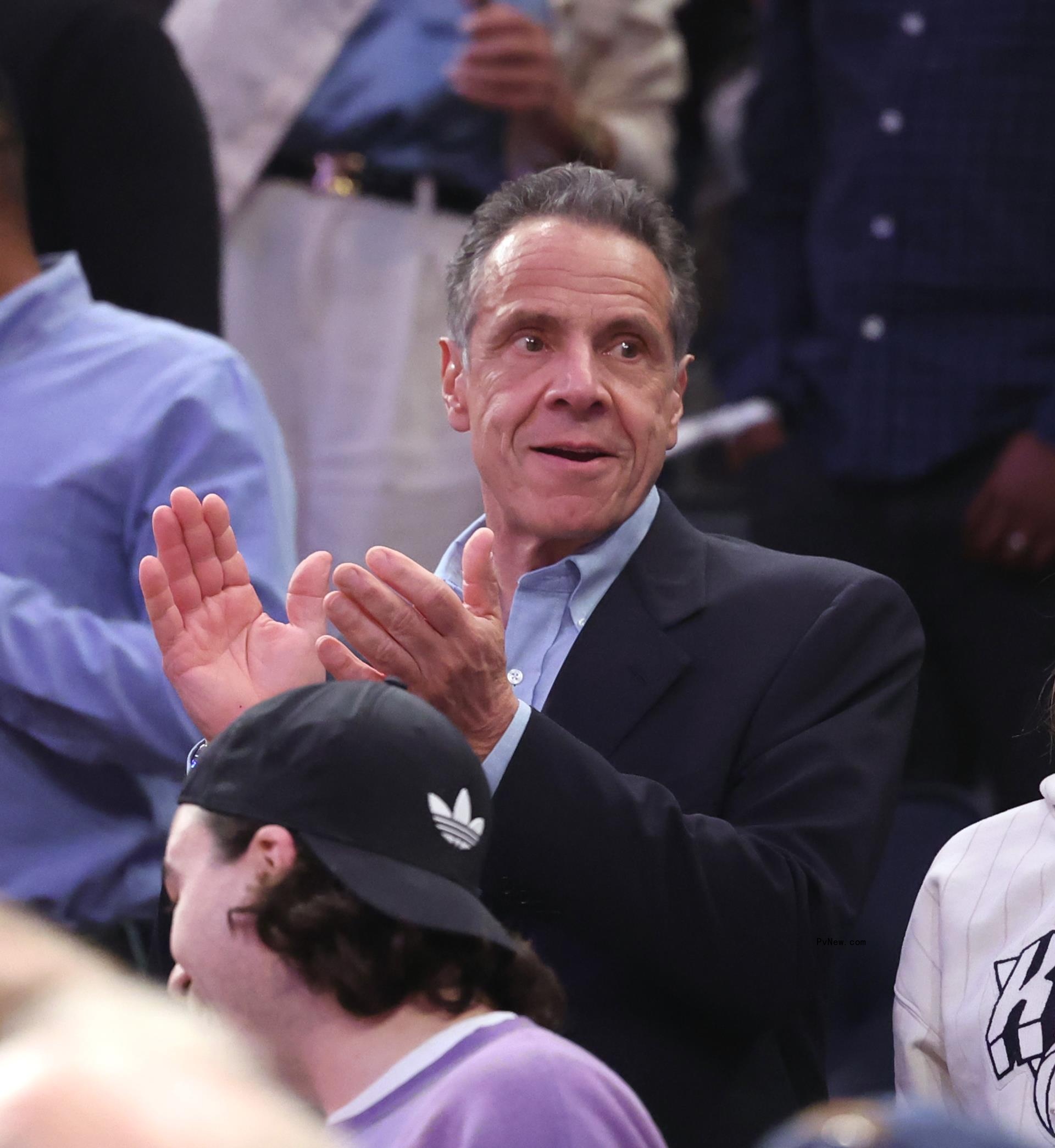 04/30/24 New York Knicks Vs. Philadelphia 76ers at Madison Square Garden for game 5 in the first round of the NBA playoffs: Andrew Mark Cuomo, Former Governor of New York reacts in the stands during the fourth quarter