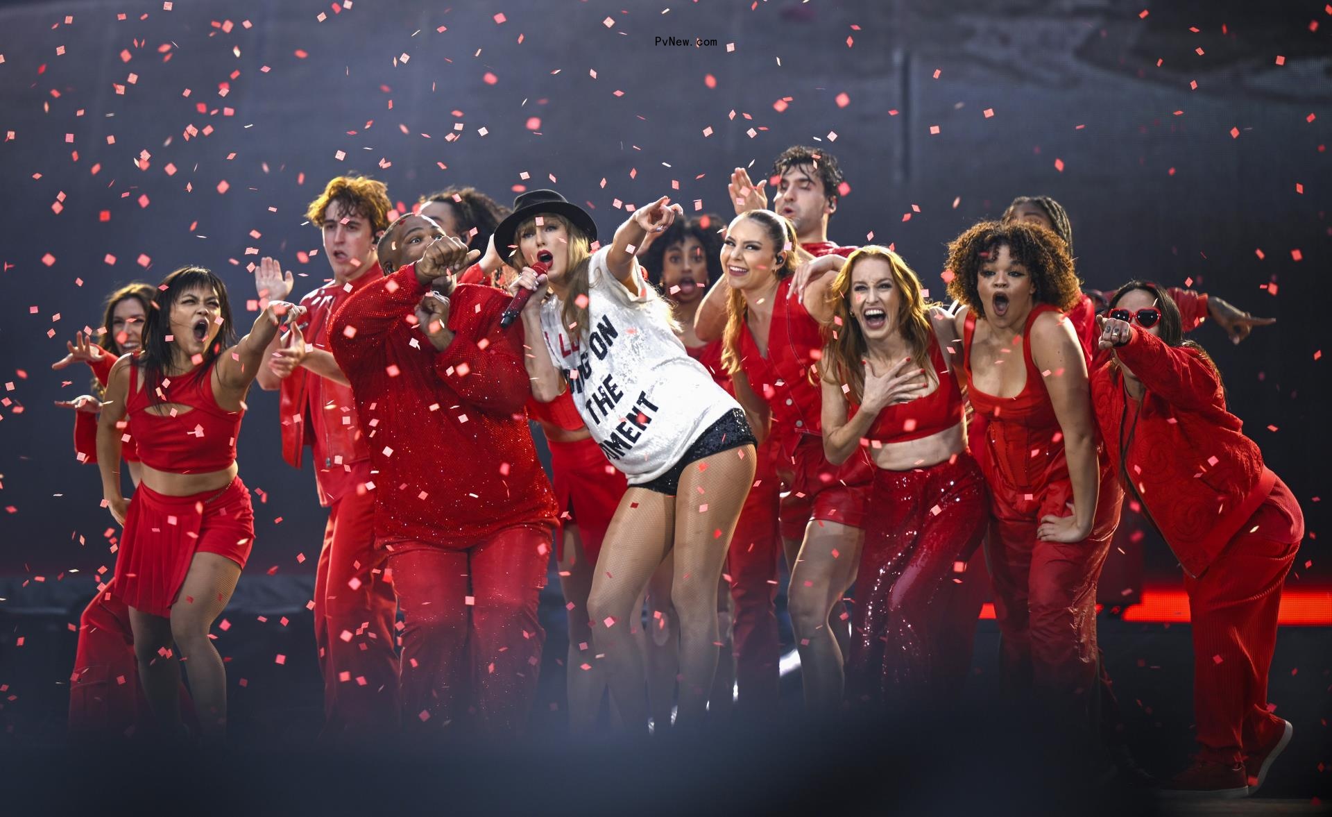 Taylor Swift performs at Wembley Stadium on August 15, 2024 in London, England.