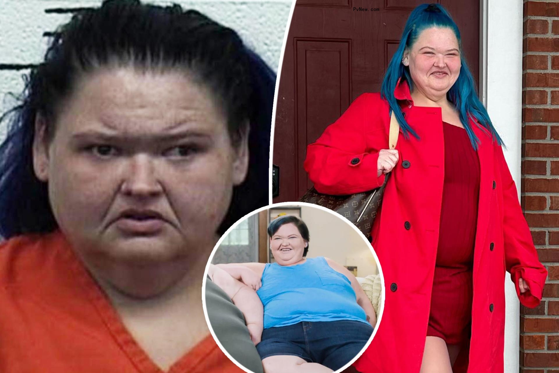 Amy Slaton's mugshot split with her in a red jacket with an inset of her on 