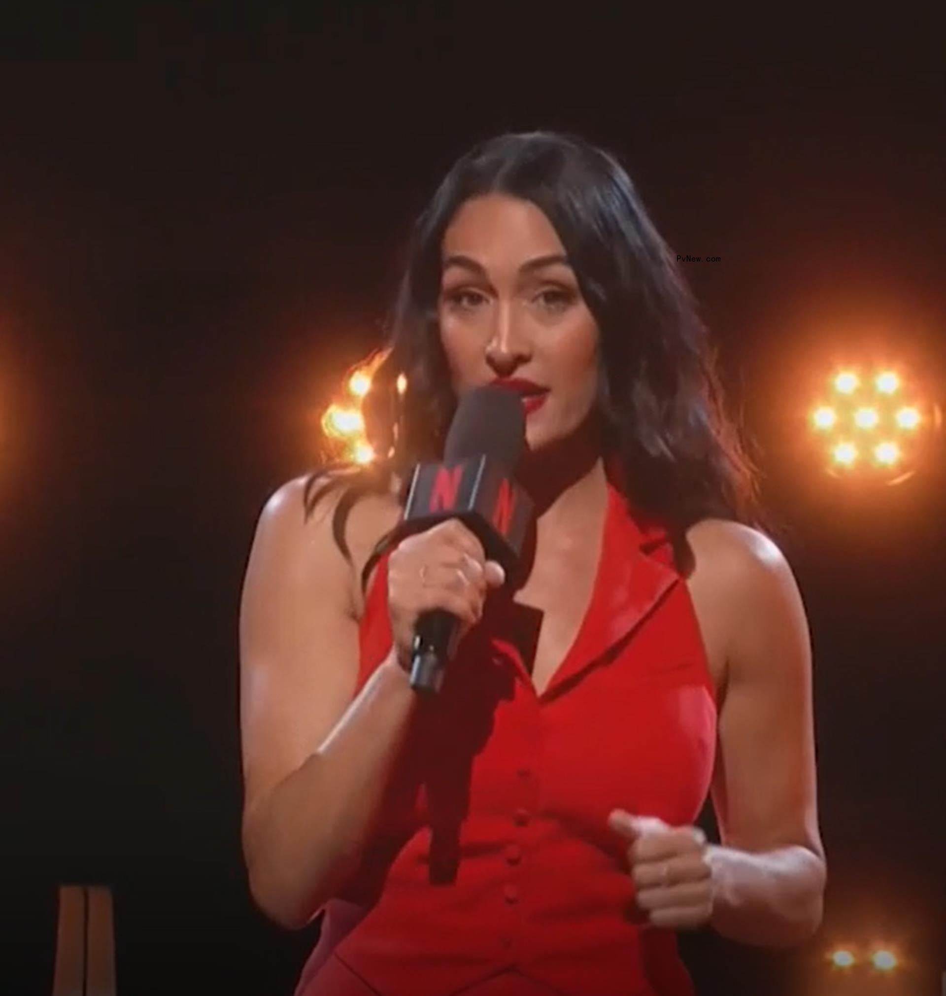 Nikki Garcia hosting the “Joey Chestnut vs. Kobayashi: Unfinished Beef” hot dog eating co<i></i>ntest on Netflix Live on Sunday.