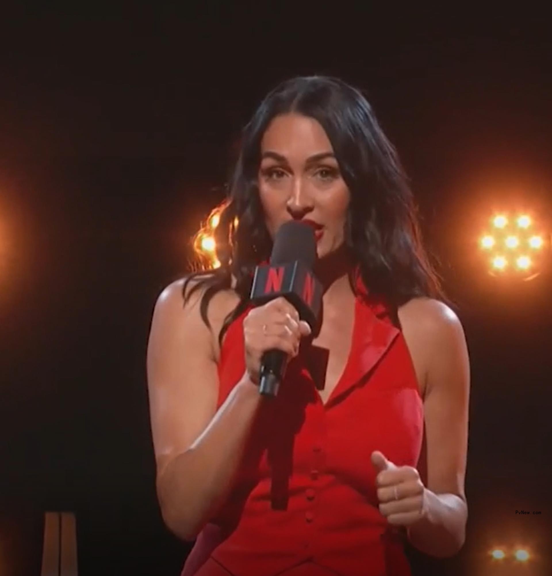 Nikki Garcia hosting the “Joey Chestnut vs. Kobayashi: Unfinished Beef” hot dog eating co<i></i>ntest on Netflix Live on Sunday.