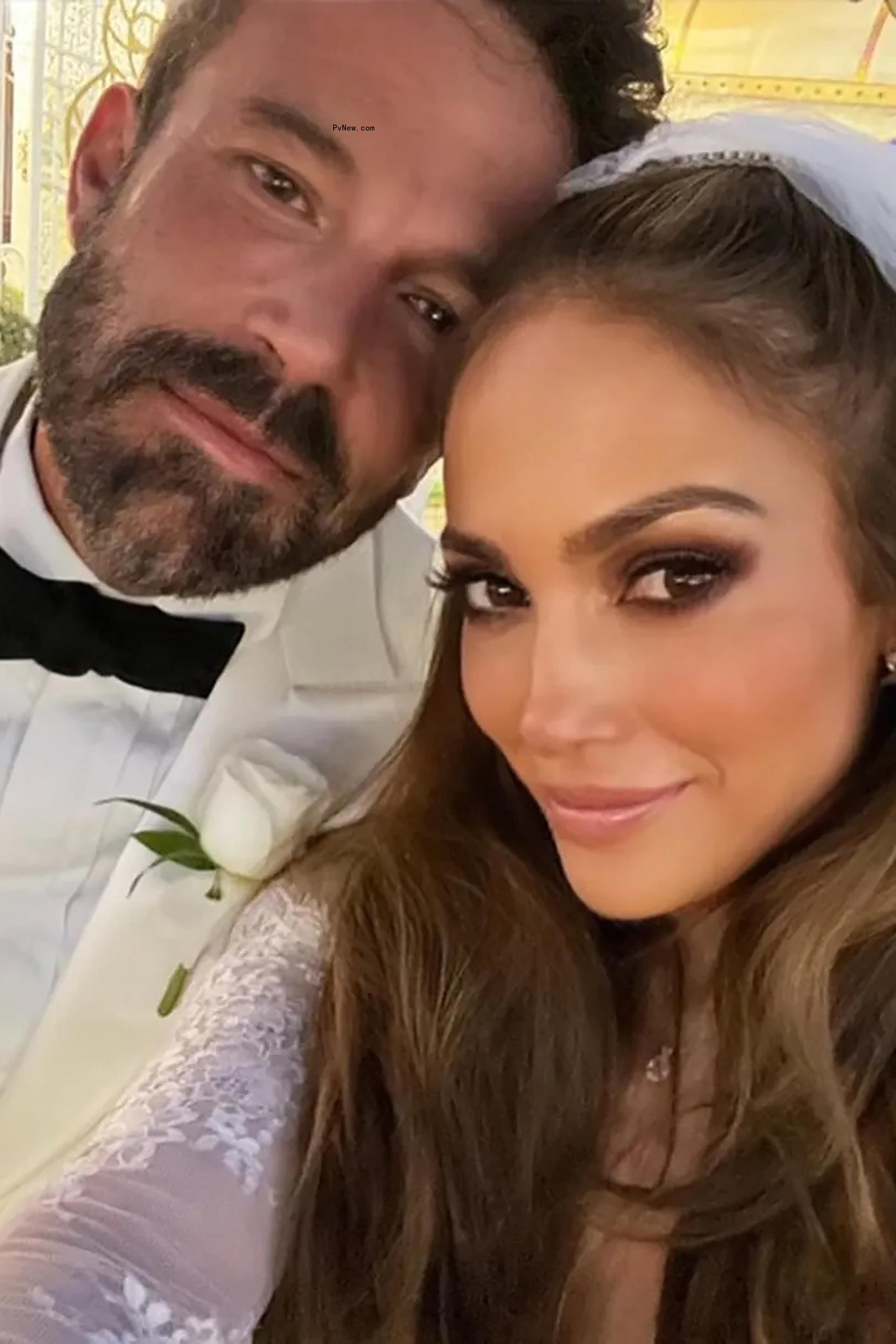 A selfie of Ben Affleck and Jennifer Lopez on their wedding day.