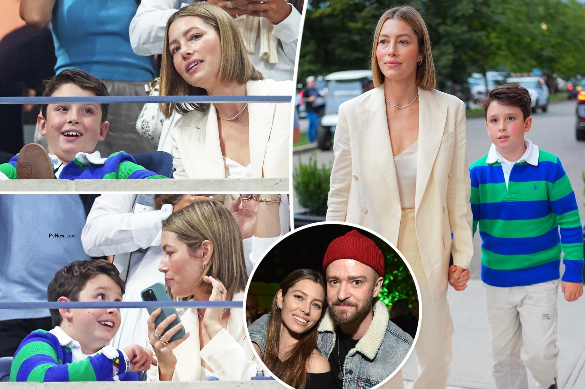 A split photo of Jessica Biel and son Silas at the US Open and a small photo of Jessica Biel and Justin timberlake