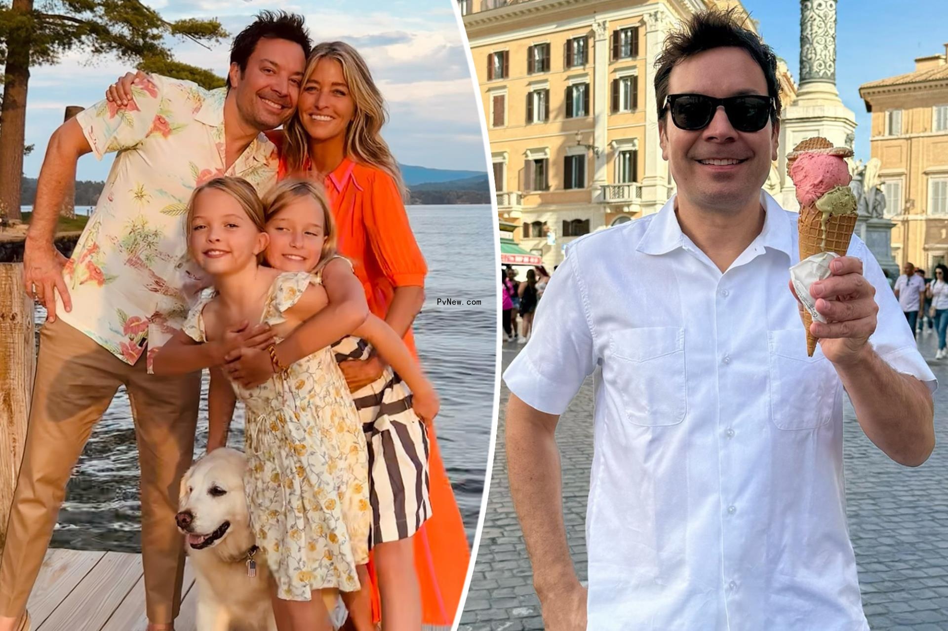 Jimmy Fallon with Nancy Juvo<i></i>nen and their daughters Winnie and Frances split with Jimmy Fallon eating gelato in Rome, Italy.