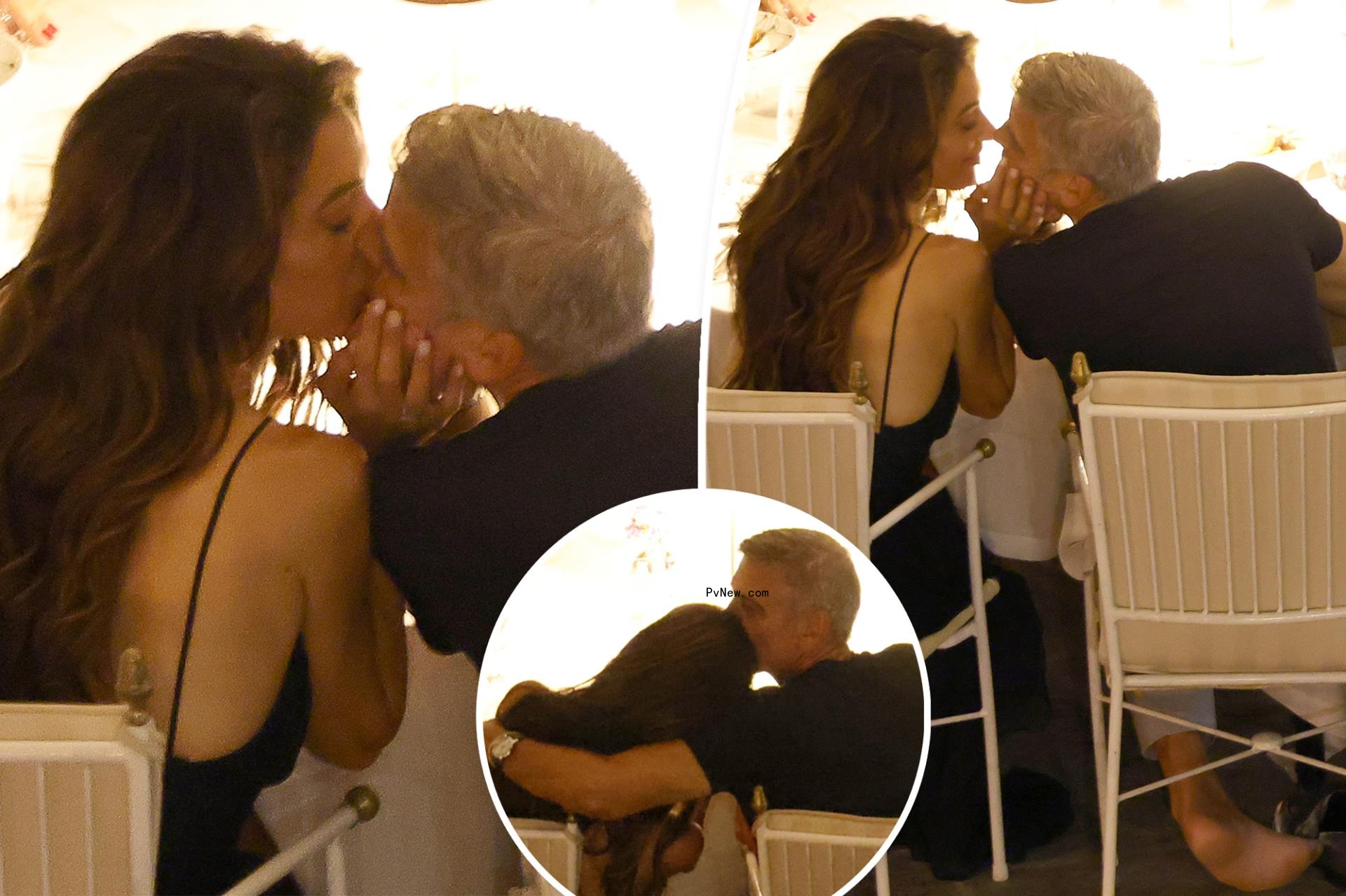 Barefoot George Cloo<i></i>ney and wife Amal share a passio<i></i>nate kiss during dinner in Italy