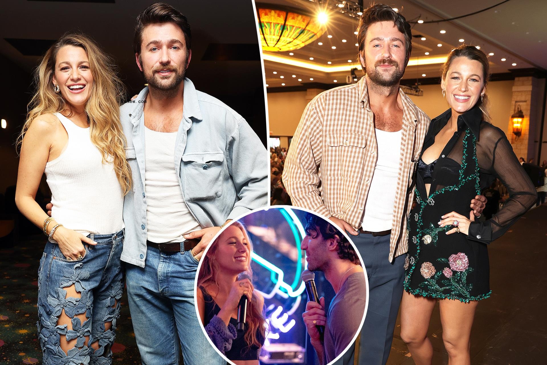 Blake Lively and Brandon Sklenar with a Justin Baldoni inset